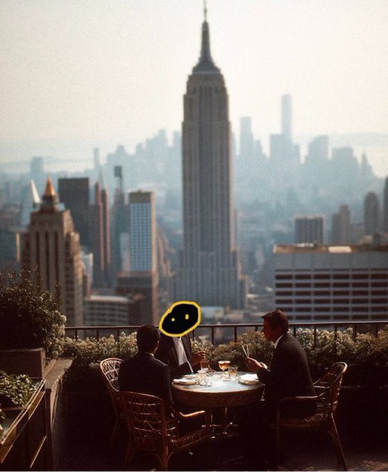 The image shows two men sitting at a table with wine glasses and plates of food, overlooking a cityscape from an elevated position. The scene appears to be set for a meal or gathering, possibly during breakfast time. One man has a hat on his head, adding a touch of style to the setting. In the background, there is a tall building that serves as a stunning backdrop to their dining experience.