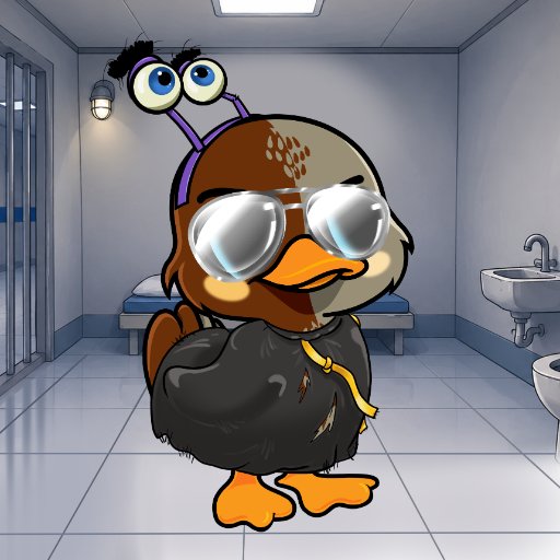 A cartoon illustration shows a brown duck character wearing large round sunglasses, a black feathered outfit, and a headband with googly eyes on stalks, standing in what appears to be a prison or medical room.