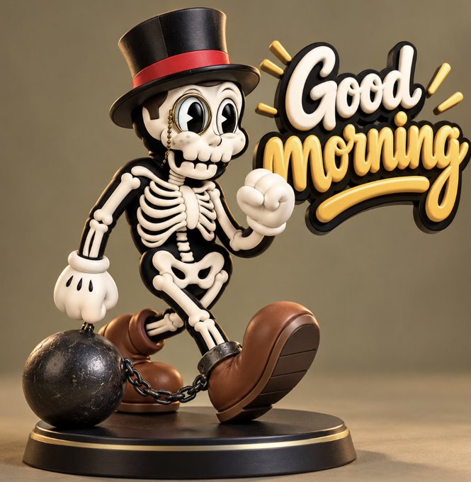 A 3D-rendered cartoon skeleton character wearing a black top hat and brown shoes, with a ball and chain attached to its ankle, standing next to stylized 'Good Morning' text.
