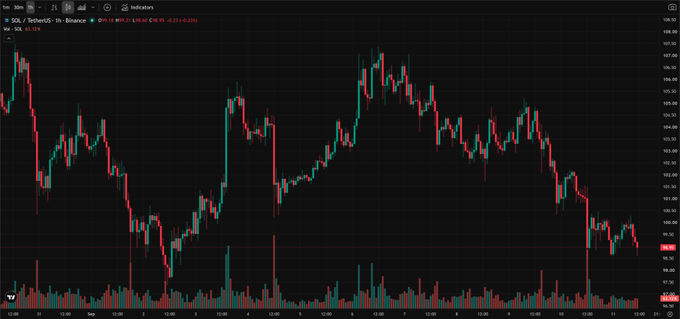A dark-themed cryptocurrency trading chart on Binance showing SOL/TetherUS with red and green candlesticks indicating price fluctuations.