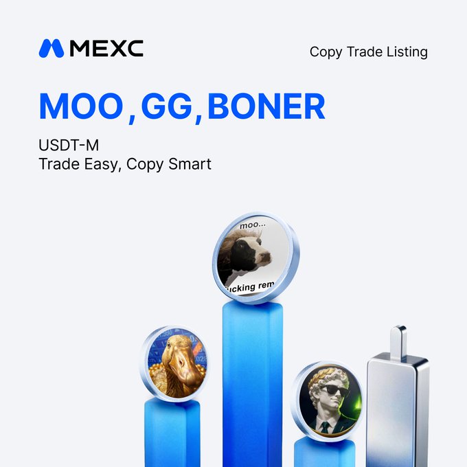 A MEXC "Copy Trade Listing" promotional graphic announcing the addition of MOO, GG, and BONER (USDT-M) futures, featuring 3D bar chart pedestals topped with circular icons of a cow, a camel, and a classical bust, alongside a metal block design. The image visually supports the caption's message that these three meme coin tokens are now available for copy trading on MEXC Futures.