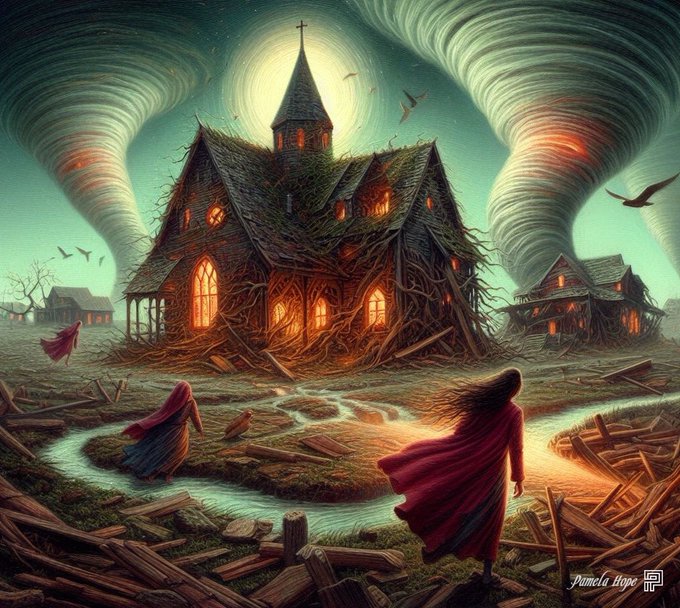 A dramatic fantasy illustration depicts a dark, gothic church surrounded by swirling tornadoes, with hooded figures in red robes fleeing through debris-strewn water. Signed 'Pamela Hope' with a 'P' logo in the bottom right corner.