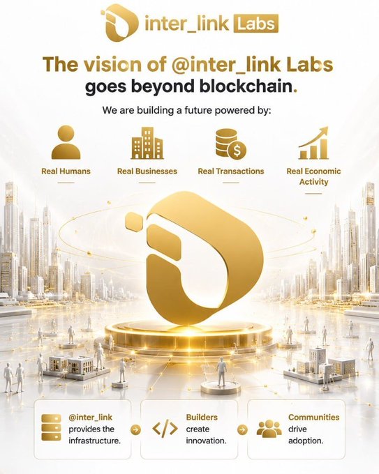 The image is a promotional graphic for **inter_link Labs**, featuring a large golden logo at the center surrounded by a futuristic cityscape with miniature human figures and buildings. The text reads "The vision of @inter_link Labs goes beyond blockchain," highlighting four pillars: **Real Humans, Real Businesses, Real Transactions, and Real Economic Activity**, along with a tagline emphasizing that Interlink provides infrastructure, builders create innovation, and communities drive adoption—visually reinforcing the post's message of building a complete digital ecosystem beyond just blockchain.