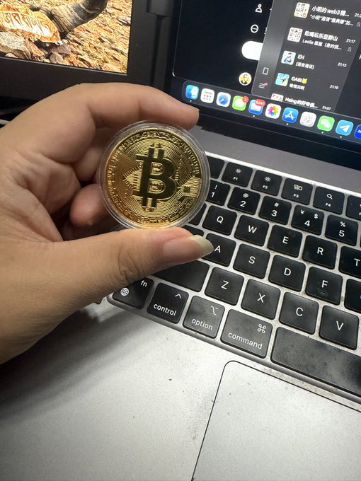 A hand holds a gold physical Bitcoin coin in front of a MacBook keyboard and screen, with the laptop displaying cryptocurrency-related apps and a notification from "Leslie Leslie." The image illustrates the post's message of dollar-cost averaging during a bear market by showing a tangible, physical representation of the spot Bitcoin ($BTC) purchase made today.