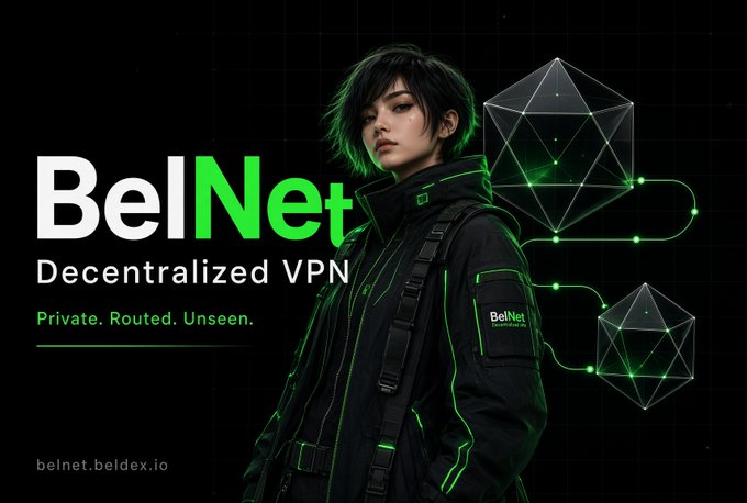 A promotional graphic for "BelNet" Decentralized VPN features a dark-haired figure in a black tactical jacket with green accents alongside geometric polyhedron nodes, with the tagline "Private. Routed. Unseen." and the URL belnet.beldex.io. The image visually reinforces the post about Beldex Research Labs' privacy-focused developments, showcasing BelNet as the practical VPN application of their underlying privacy and networking research.
