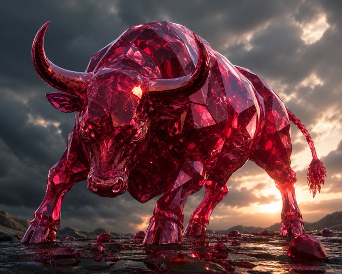 A massive crimson crystal bull stands against a dramatic cloudy sky, embodying the strength and bullish energy of the $CBULL token launch on Solana. The gemstone-like figure visually reinforces the post's "Crimson Bull" branding, symbolizing a fair, unfiltered entry point into the memecoin market.