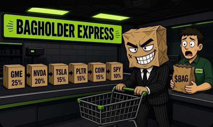 A cartoon scene at 'BAGHOLDER EXPRESS' shows a sinister anthropomorphic paper bag in a suit with a shopping cart, while a clerk hands over a bag labeled '$BAG'. Conveyor belt boxes display tickers with losses: GME 25%, NVDA 20%, TSLA 15%, PLTR 15%, COIN 15%, SPY 10%.