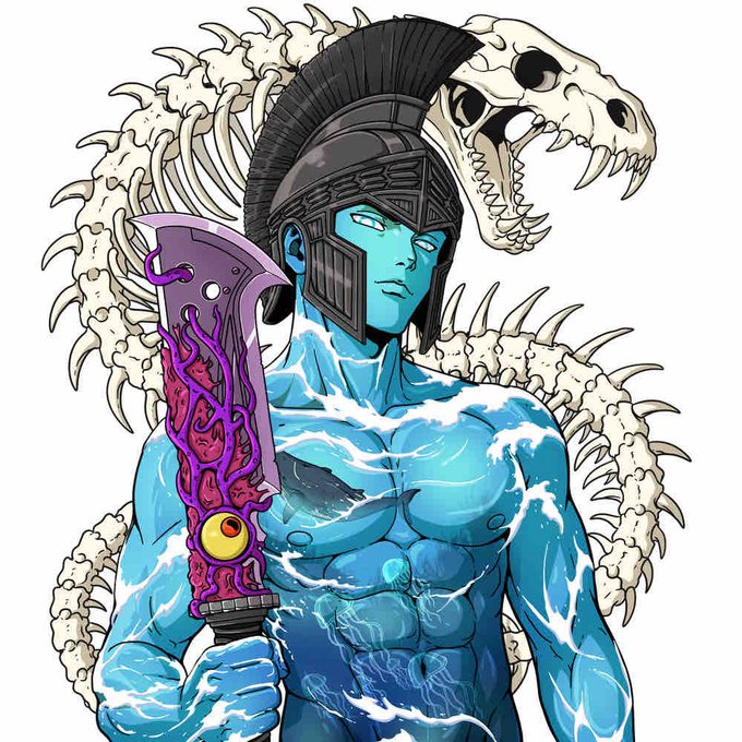 A blue-skinned, muscular warrior with glowing white energy coursing through his body wears a Spartan-style helmet adorned with a skeletal dragon crest, while wielding an ornate purple and pink blade featuring a flaming eyeball motif. The artwork showcases the refreshed SolGods NFT collection artwork, highlighting the dramatic new design aesthetic.