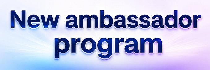 Bold blue text reading "New ambassador program" against a soft pink and blue gradient background, announcing an ambassador opportunity that the poster is applying to in hopes of being selected from the listed ambassador and mod jobs.