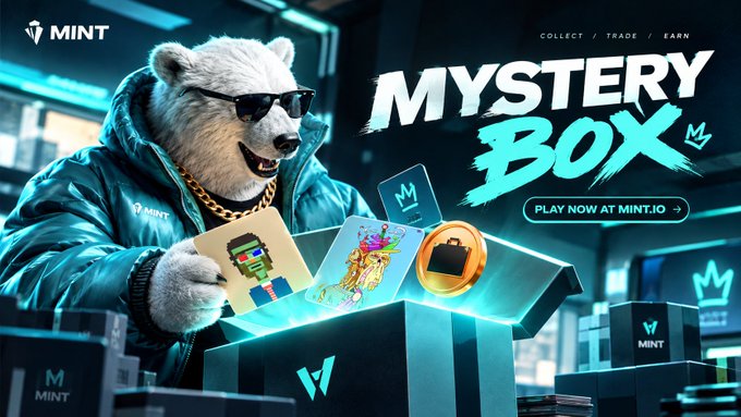 A polar bear wearing sunglasses and a teal "MINT" hoodie pulls collectible items including a pixel-art character and a gold coin from a glowing box, promoting the "Mystery Box" feature with the call-to-action "PLAY NOW AT MINT.IO" and the tagline "COLLECT / TRADE / EARN."

The image visually represents the "rewards layer" mentioned in the post—showcasing the collectible, tradeable NFTs and in-game assets (like XP tokens) that players earn alongside their casino, sports, and prediction market activity on PlayOnMint.