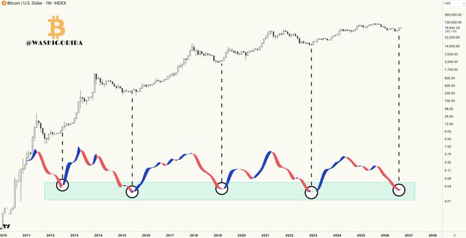 The image displays a Bitcoin/U.S. Dollar monthly chart spanning from 2011 to 2027, featuring the "WASHIGUCHI" watermark and the Bitcoin logo in the upper left corner. The chart overlays an RVGI (Relative Vigor Index) indicator with red and blue oscillating lines, marked by circled bottoms and vertical dashed lines at key cycle lows (around 2012, 2015, 2018, 2023, and 2026), illustrating how the indicator has historically aligned with Bitcoin's major bull cycle bottoms. This visualization supports the post's claim that the monthly RVGI is now flipping bullish, suggesting the next Bitcoin cycle bottom may be forming around 2026.