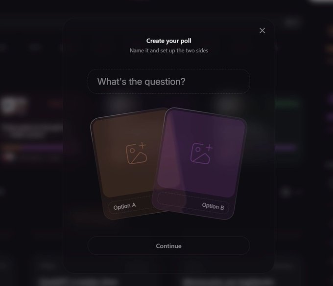 A "Create your poll" modal interface with a dark theme, showing input fields for "What's the question?" and two Option A/B cards with image placeholders.