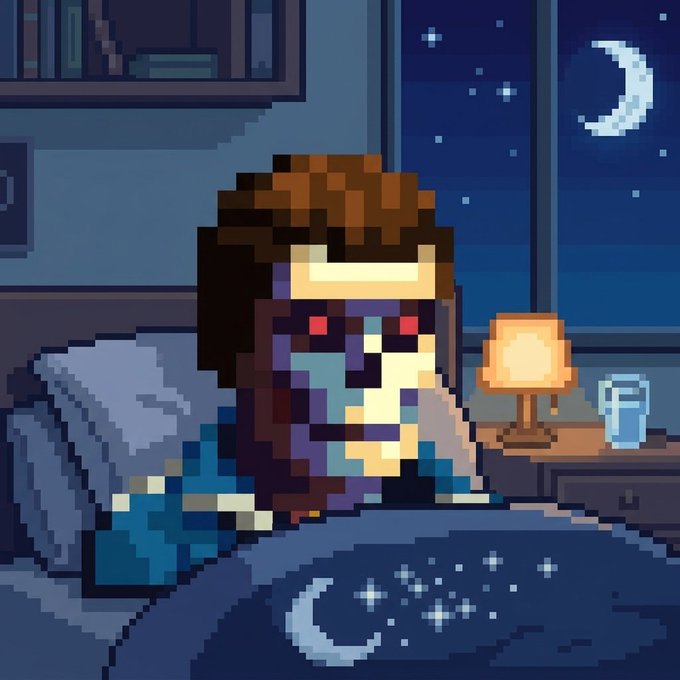A pixel art illustration of a zombie-like figure with brown hair and red glowing eyes, sitting in a bed at night with a moonlit window in the background.