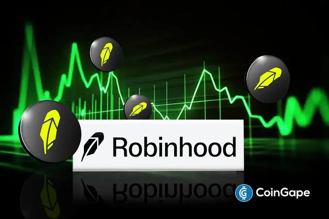 A graphic featuring multiple black spheres with the yellow Robinhood feather logo floating against a green chart background, with the Robinhood nameplate and "CoinGape" logo at the bottom.