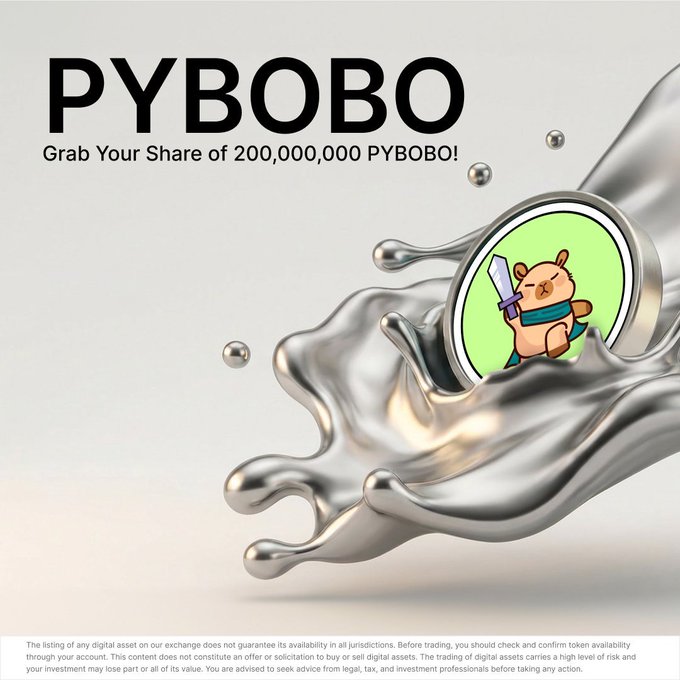A promotional graphic for 'PYBOBO' token, advertising 'Grab Your Share of 200,000,000 PYBOBO!' featuring a cartoon capybara character with a sword on a silver coin surrounded by liquid metal splash.