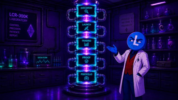 The image features a man dressed as a scientist standing next to a large purple machine with blue lights that says "LitecoinVM" on it. The man appears to be explaining something about the machine, possibly related to cryptocurrency or blockchain technology. The background of the image is dark and filled with various bottles and other objects, which could be part of the laboratory setting where the man is standing.