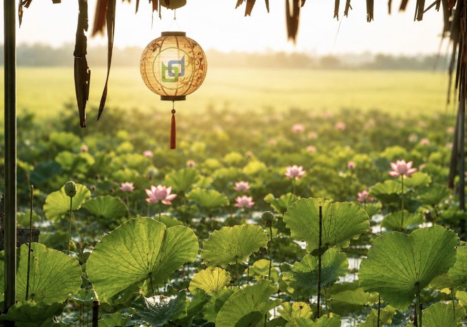 A traditional paper lantern displaying a "G" logo hangs beneath a thatched roof, overlooking a serene lotus pond with pink blooms and large green lily pads bathed in golden sunlight.

The image doesn't directly relate to the Beldex post content, which discusses the BeldexCoin Storage Server and encryption for offline messaging—rather, the tranquil lotus pond and lantern serve as an unrelated decorative or aesthetic background.