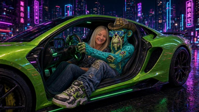 A photo of a smiling woman sitting inside a bright green sports car with a blue furry creature wearing sunglasses and a cowboy hat in the passenger seat, set against a neon-lit cyberpunk cityscape.