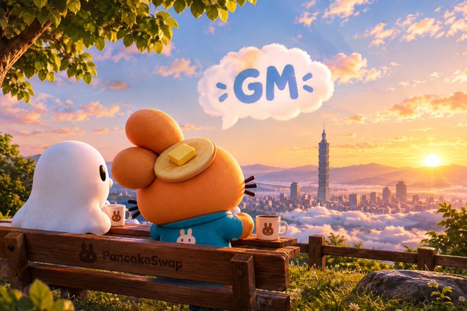 A digital illustration of two cute characters sitting on a wooden bench overlooking a city skyline with Taipei 101 at sunset, with one character displaying a 'GM' speech bubble, and the bench labeled 'PancakeSwap'.