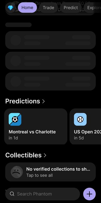 Phantom wallet mobile app screen showing the Home tab with Predictions (Montreal vs Charlotte, US Open 2026) and Collectibles sections.