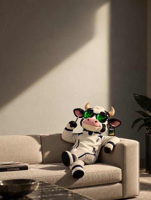A plush toy of a cow wearing green sunglasses and a white jacket with a 'SNDK' logo, sitting on a beige couch in a sunlit room.