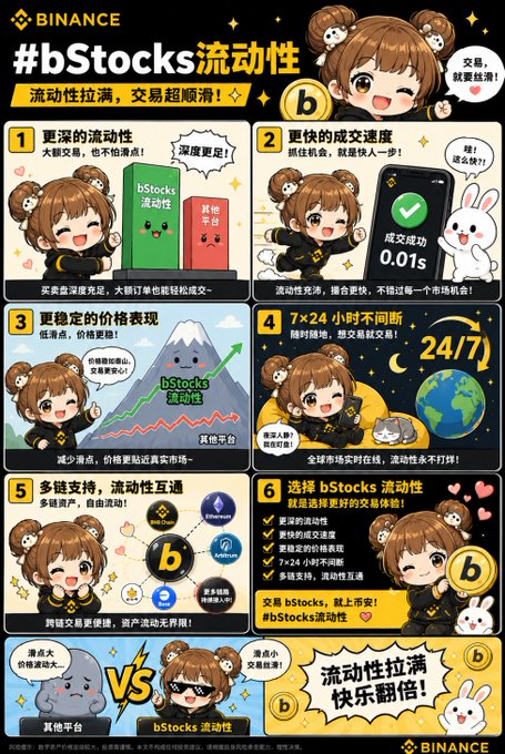 A colorful Binance promotional infographic in Chinese titled '#bStocks流动性' featuring a cartoon girl mascot explaining the platform's features like deeper liquidity, faster transactions, and 24/7 trading across six panels.