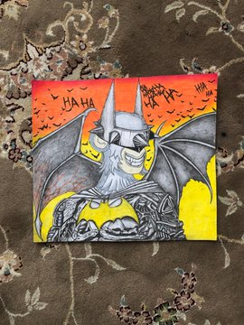 A small canvas painting depicting a cartoonish gargoyle/bat creature with wings against a bright orange and yellow background, signed 'BEAVER HILL' in the upper right.