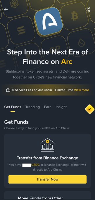 A mobile app screen for 'Arc' promoting the next era of finance with stablecoins, tokenized assets, and DeFi on Circle's new financial network, featuring options to get funds, including a 'Transfer from Binance Exchange' option for USDC.