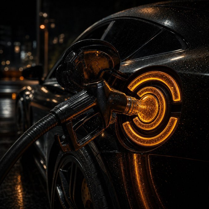 A close-up nighttime shot shows a glowing orange circular EV charging port on a wet black car, with the charging nozzle plugged in and water droplets visible on the surface.
