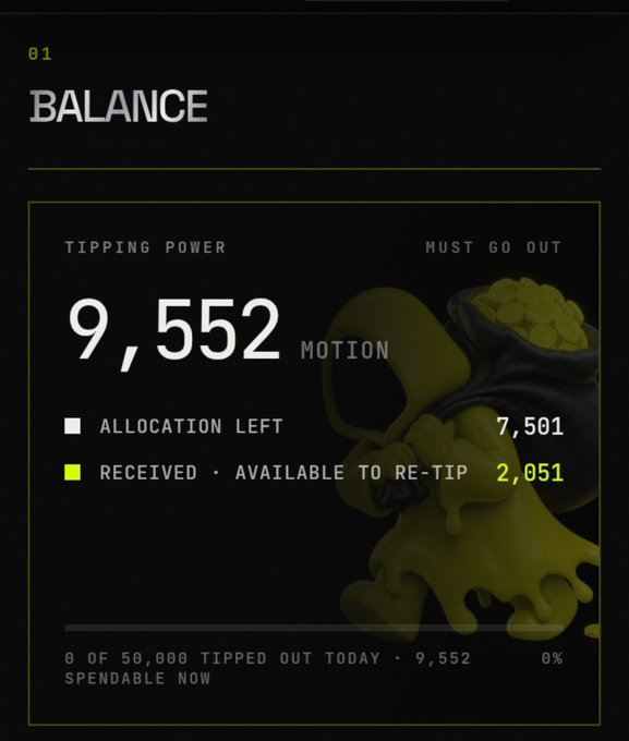 A dark-themed dashboard displays a "BALANCE" screen showing a "TIPPING POWER" of 9,552 MOTION, with 7,501 in "ALLOCATION LEFT" and 2,051 "RECEIVED • AVAILABLE TO RE-TIP," with "0 OF 50,000 TIPPED OUT TODAY" and "9,552 SPENDABLE NOW." The image visually reinforces the poster's message about accumulating $MOTION tokens, as the dashboard highlights their available tipping power and re-tip earnings toward joining profitable traders on-chain.