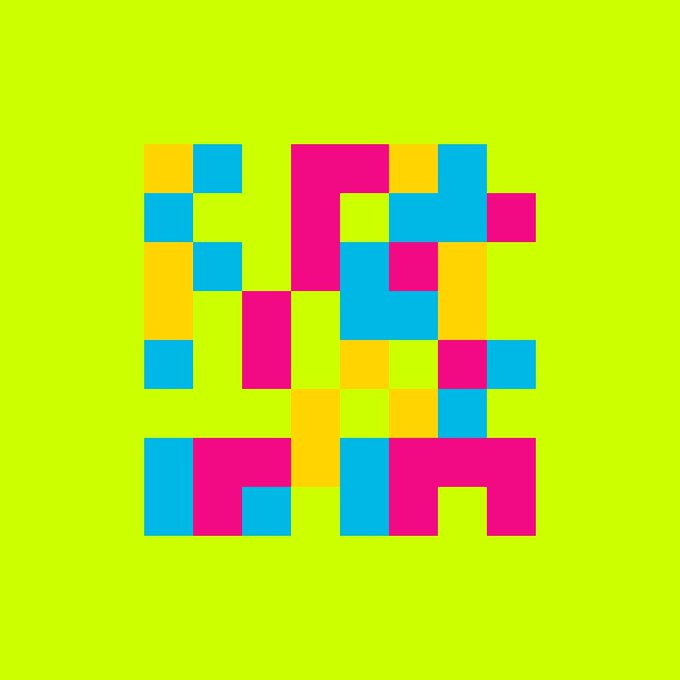 A bright green background displays an arrangement of pink, cyan, and yellow squares forming a pixelated abstract design, likely representing a Non-Fungible Token (NFT) artwork being offered in the accompanying giveaway post.
