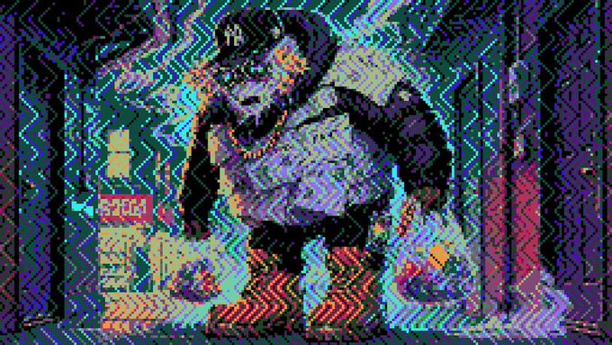 A heavily pixelated, glitch-art style illustration features a large, bearded figure with glowing eyes standing amidst a chaotic background of blue, purple, and pink static patterns, with "ROOM 1" visible in the lower left.