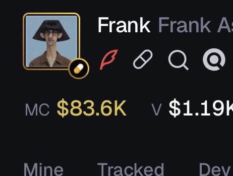 A profile for "Frank" displays a pirate-like avatar with an MC (Market Cap) of $83.6K and a Volume of $1.19K, alongside a pill-shaped icon and other trading interface elements. The image visually reinforces the post's bullish sentiment, suggesting the trader is celebrating Frank's recovery from a low point and anticipating a significant price surge ("moon harder").