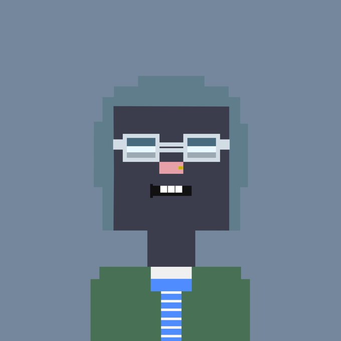 A pixel art portrait of a character with grey hair, white rectangular glasses, a green jacket, and a striped shirt against a blue background.