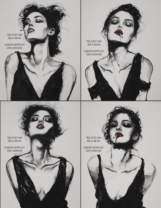 Four panels of black and white liquid acrylic paintings on canvas (152x121 cm), depicting a woman with dark hair in various poses, with two panels featuring red accents resembling blood dripping from her mouth.