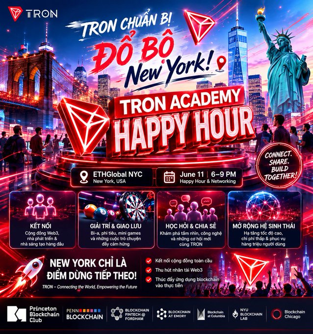 The image features a poster for an event at the Tron Academy in New York City. The poster includes a photo of the Statue of Liberty and a map of New York City, with the text "TRON Academy Happy Hour" written on top. There are also several people visible in the background, suggesting that this is a social gathering or celebration related to the event at the Tron Academy.