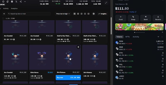A screenshot of an NFT marketplace interface showing a portfolio balance of $111.80 and items including 'Arc Combat', 'Skull of the Third...', 'Kids Home', and 'Jin's Katana'.
