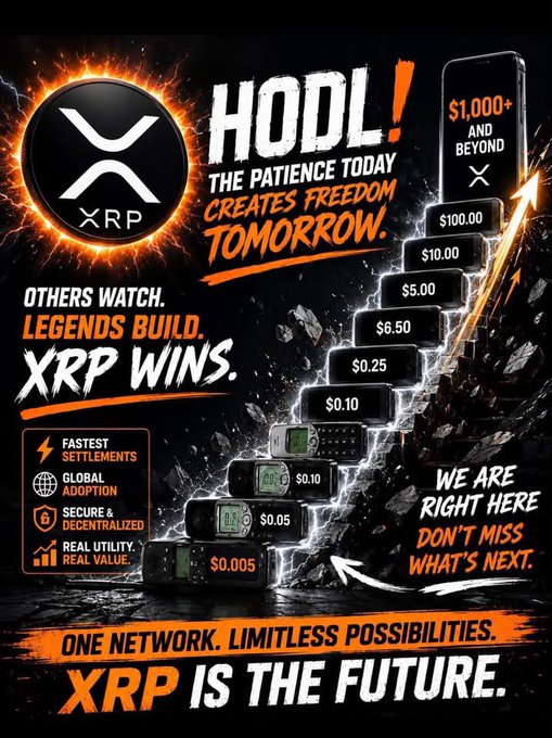 An XRP promotional graphic reading 'HODL! THE PATIENCE TODAY CREATES FREEDOM TOMORROW' and 'XRP IS THE FUTURE,' showing a ladder of increasing dollar values from $0.005 to $1,000+.