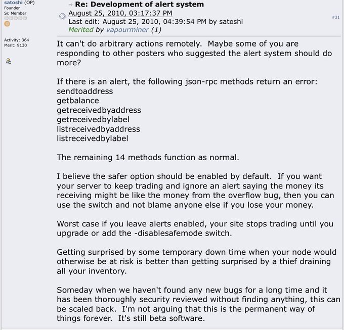A forum post by satoshi titled 'Re: Development of alert system' dated August 25, 2010, discussing Bitcoin's safe mode and listing json-rpc methods like sendtoaddress, getbalance, and getreceivedbyaddress that return errors during an alert.