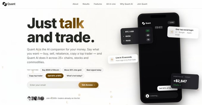 A Quant website landing page with the headline "Just talk and trade." promoting Quant AI as an AI companion for money across 25+ chains, featuring a phone mockup showing crypto trading actions like Buy 500 of Bitcoin.
