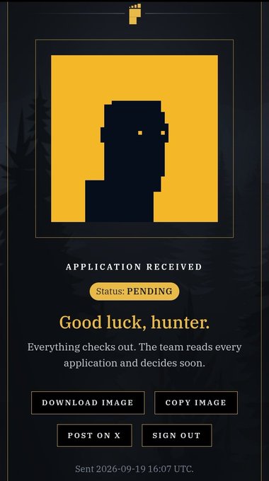 An application status screen for a hunter with a pixelated avatar, showing 'APPLICATION RECEIVED' and 'Status: PENDING' with options to download or copy the image.