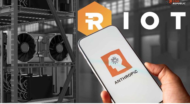 A news graphic showing a hand holding a smartphone displaying the Anthropic logo in front of computer hardware, with the "RIOT" logo and "COIN REPUBLIC" watermark visible in the corners.