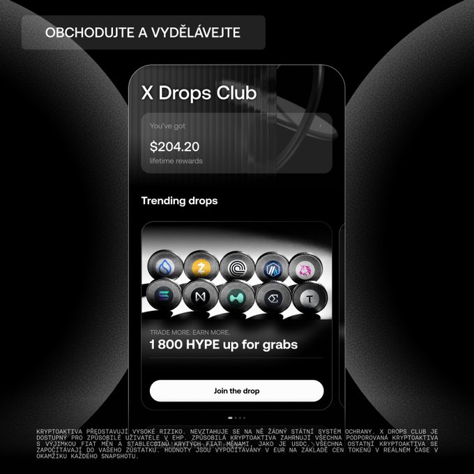 A mobile app screen for 'X Drops Club' showing lifetime rewards of $204.20, trending cryptocurrency drops, and '1800 HYPE up for grabs', with Czech text 'OBCHODUJTE A VYDĚLÁVEJTE' at the top.