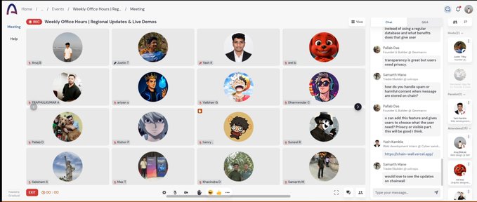A Slack video meeting interface titled 'Weekly Office Hours | Regional Updates & Live Demos' showing multiple participants with custom avatars and a chat panel on the right.