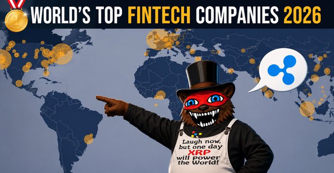 A masked bear character in a top hat and "Laugh now" apron points triumphantly at a world map filled with XRP logos and gold coins, beneath the headline "WORLD'S TOP FINTECH COMPANIES 2026," celebrating Ripple's fourth consecutive year on the CNBC/Statista list as a symbol of long-term credibility and global reach.