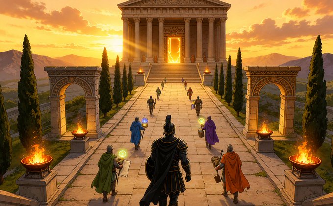A group of warriors and robed figures walk up a stone pathway toward a grand temple at sunset, with some carrying glowing lanterns — visually representing the concept of community members contributing to and strengthening a larger collective effort, much like the community-first growth approach mentioned in the post.