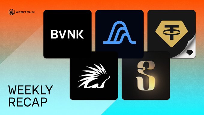 A promotional graphic titled "Weekly Recap" on an orange and teal background, featuring the Arbitrum logo and five black tiles displaying the logos of featured projects: BVNK, Aleo (stylized "A"), Tether (USDT), and two others (a porcupine/hedgehog and a stylized "3" symbol). The image serves as a visual recap of notable Arbitrum ecosystem developments, including ZK technology integration for faster Ethereum withdrawals and chain customization, alongside the highlighted projects tied to tokenization and perpetuals adoption.