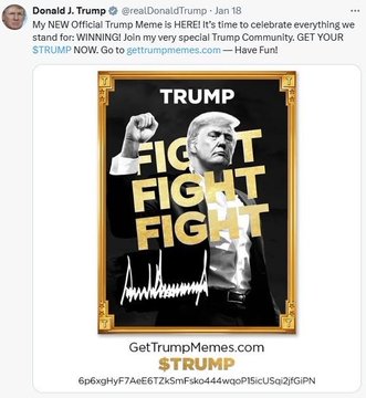 The image is a Truth Social post by Donald Trump dated Jan 18 promoting his Official Trump Meme at GetTrumpMemes.com, featuring a stylized "FIGHT FIGHT FIGHT" graphic of Trump in a gold frame. This promotional post contrasts with the accompanying commentary showing that nearly 1 million $TRUMP buyers are at a loss, with the meme coin down 97% from its high, highlighting the disconnect between Trump's celebratory promotion and the significant financial losses suffered by his supporters who bought the token.