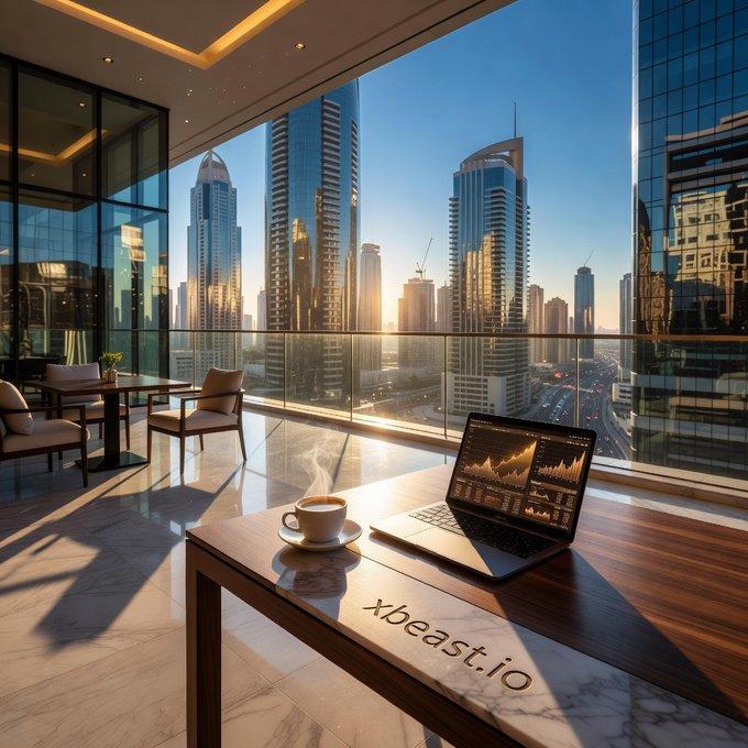 A luxurious high-rise apartment interior with floor-to-ceiling windows offering a panoramic city view at sunset, featuring a wooden desk with a laptop displaying charts and a cup of coffee, marked with 'xbeast.io'.