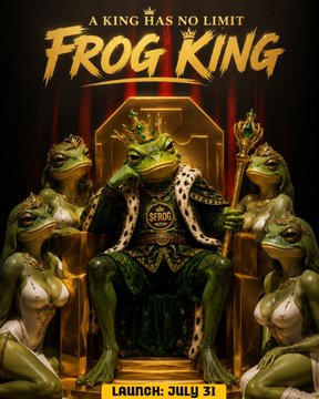 Meme promotional graphic for a 'FROG KING' with the tagline 'A KING HAS NO LIMIT' and 'LAUNCH: JULY 31', featuring frogs dressed in royal attire on a throne.